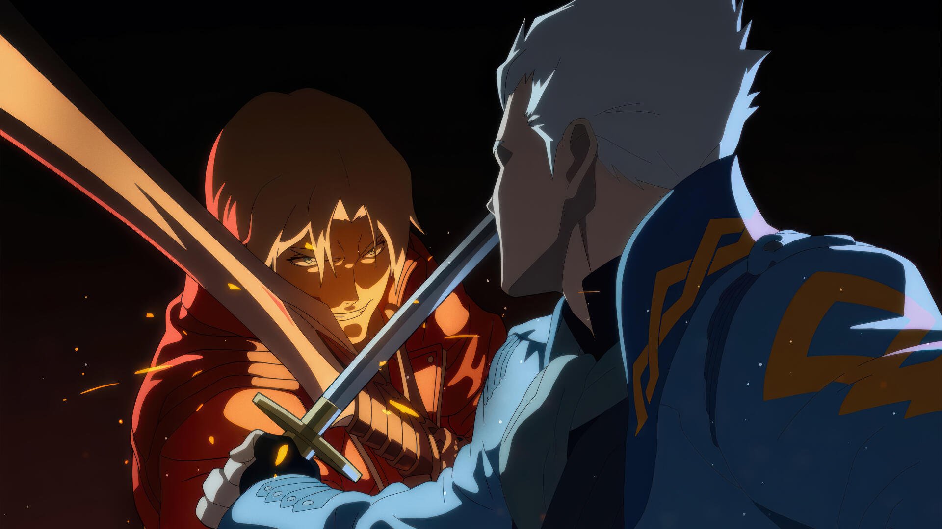 Devil May Cry (2025), Devil May Cry 4K Ultra HD PC desktop wallpaper: two rivals clash swords in a dramatic anime-style close-up with red and blue lighting.