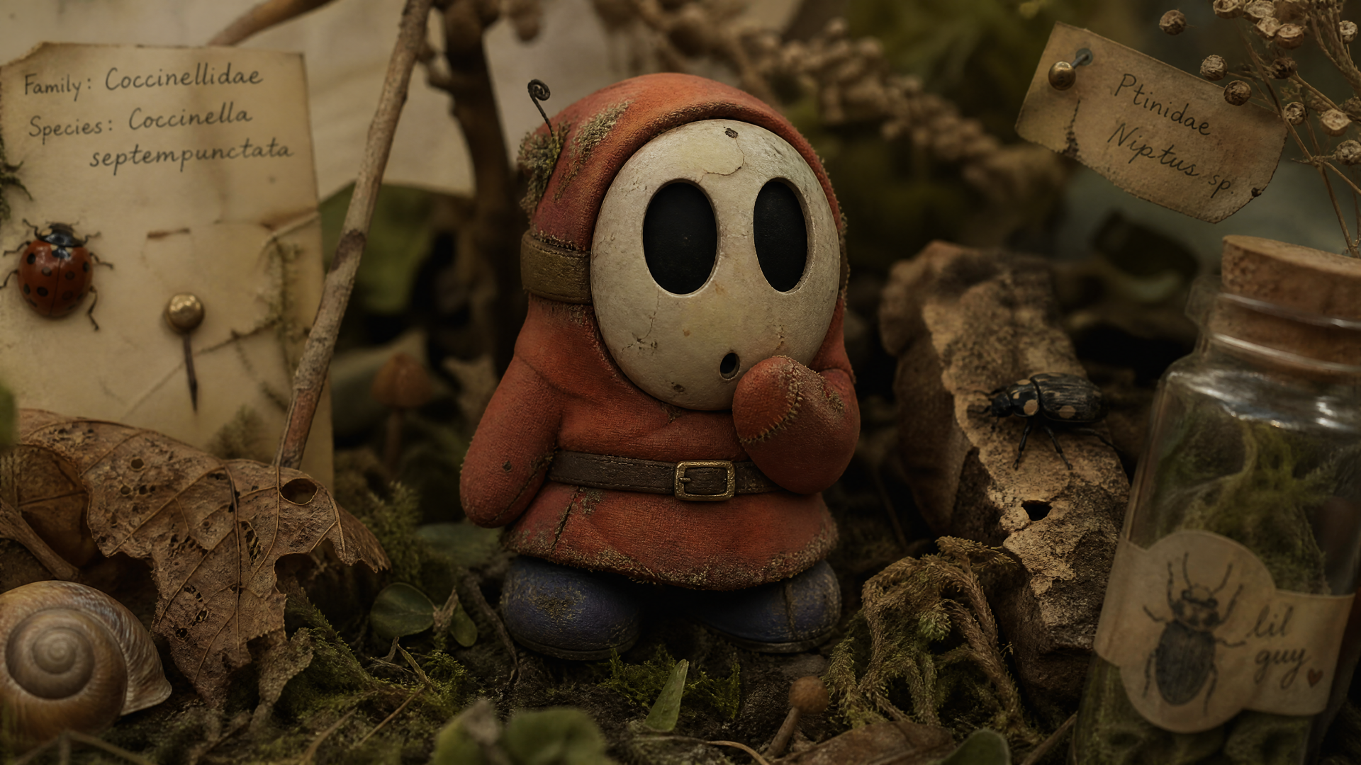 Shy Guy figurine tucked in moss and leaves, hand to face beside handwritten notes and glass vials; warm, cinematic tones — 4K Ultra HD PC desktop wallpaper/background
