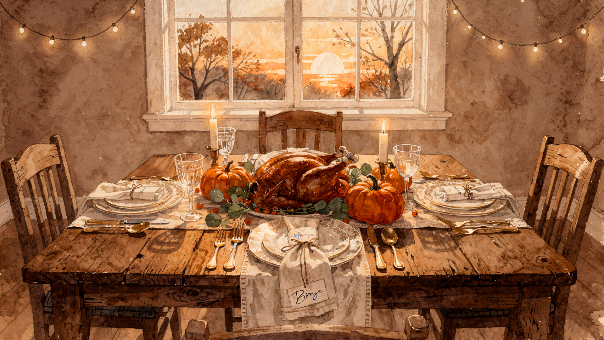 4K Ultra HD PC desktop wallpaper — aesthetic Thanksgiving scene: rustic wooden table set with roast turkey, pumpkins, candles and place settings beneath string lights and a sunset window.