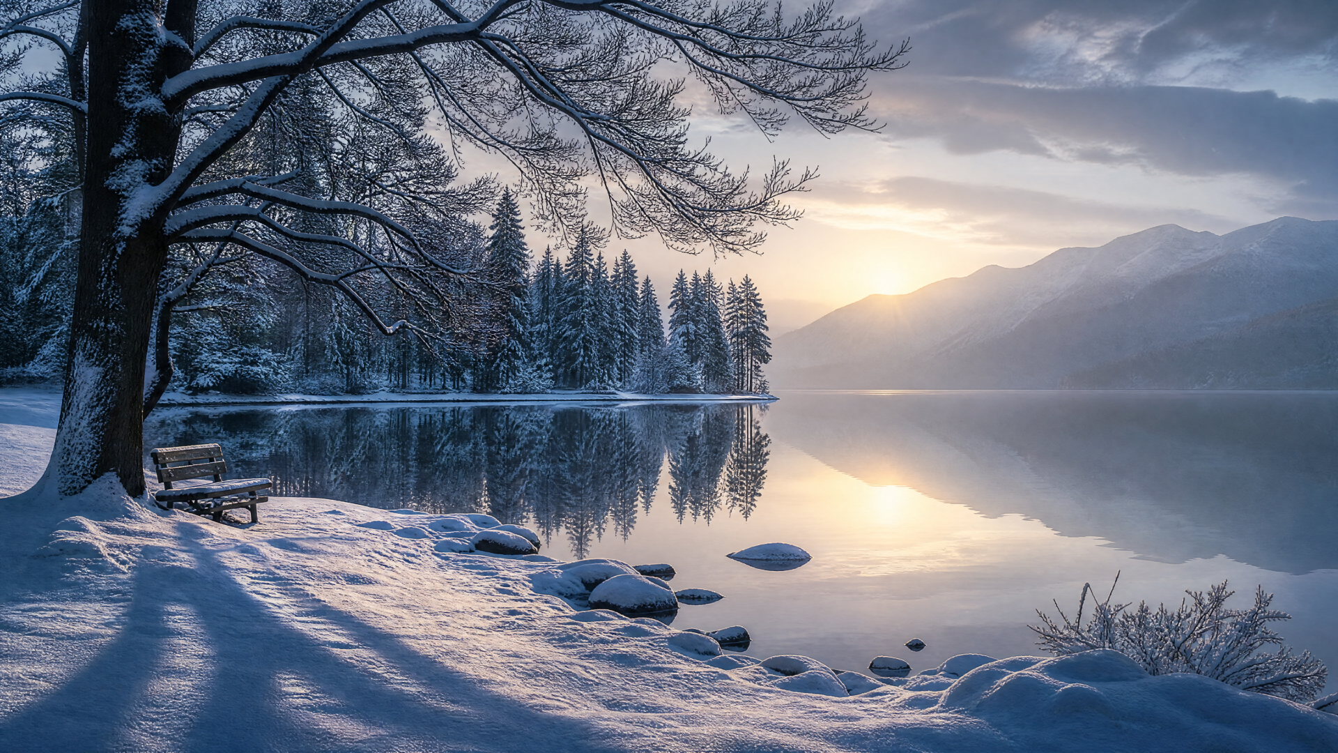 Winter serenity: 4K Ultra HD PC desktop wallpaper and background showing a snow-covered lakeshore with a bench, frosted trees and mountains reflected in calm water at sunrise.