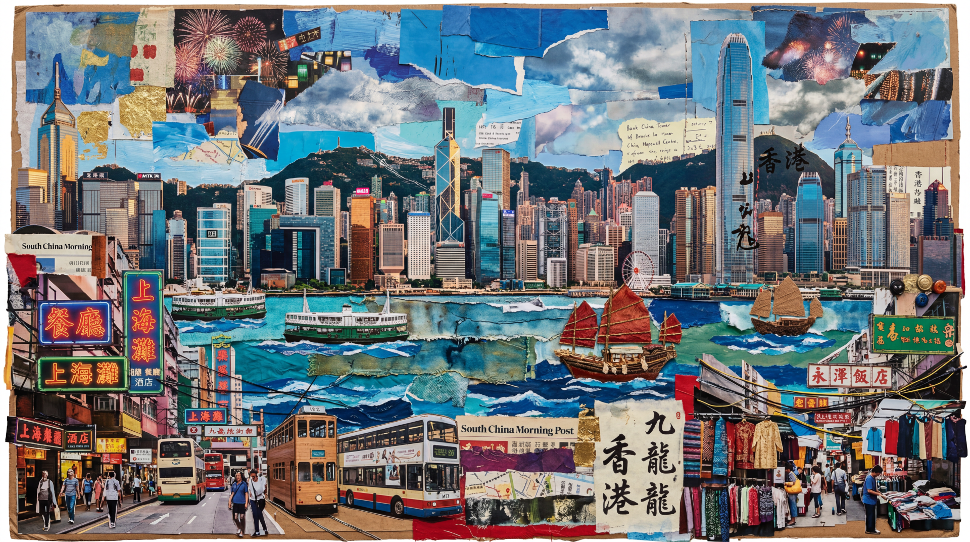 Colorful Hong Kong collage: skyline and Victoria Harbour with red-sailed junks, double-decker trams, neon signs and bustling streets — 5K Ultra HD PC Desktop Wallpaper and Background.