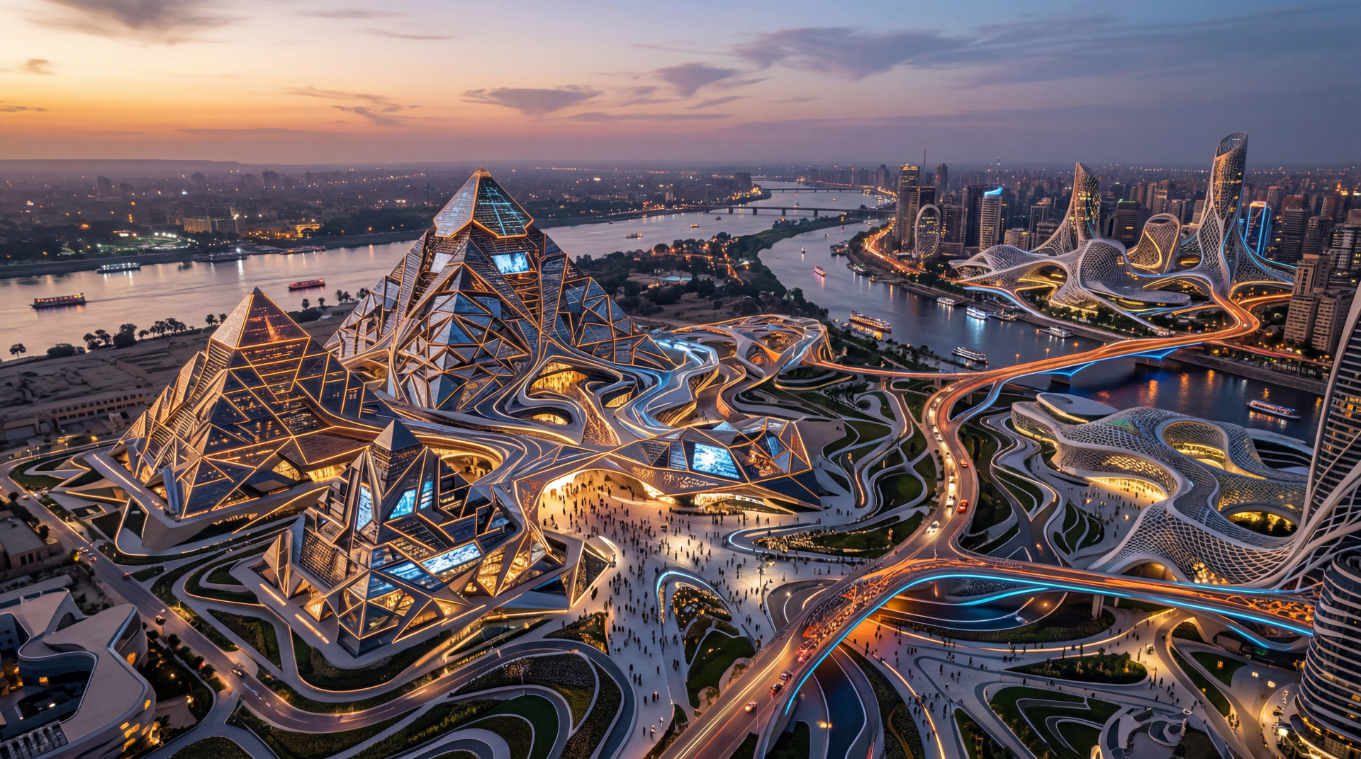 5K Ultra HD PC desktop wallpaper: futuristic Egyptian cityscape at dusk with glowing pyramid structures, winding illuminated highways and the Nile in the background.