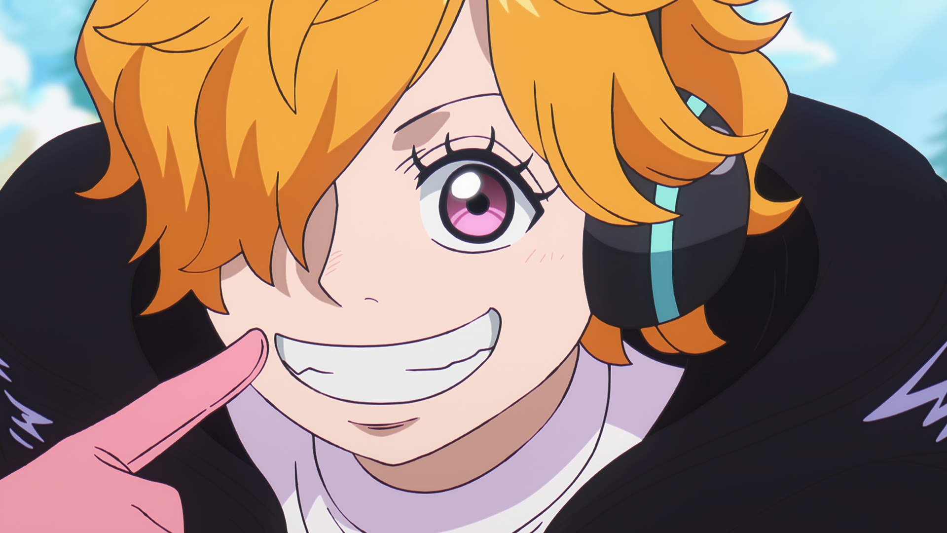 HD PC wallpaper of Lilith (One Piece): close-up anime portrait—orange hair, pink eye, headset and pink-gloved finger pointing to a toothy grin against a bright sky backdrop.