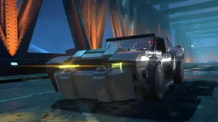 4K Ultra HD PC wallpaper of the Batmobile from the video game LEGO Batman: Legacy of the Dark Knight, an armored vehicle speeding through a neon-lit industrial tunnel