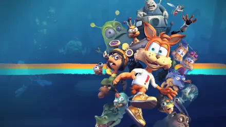 4K Ultra HD PC desktop wallpaper and background for the video game Bubsy: Paws on Fire! showing Bubsy front and center with colorful supporting characters on a blue backdrop and rainbow stripe.