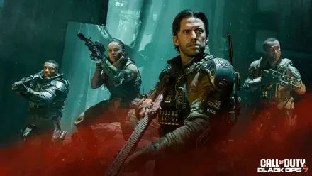 HD PC desktop wallpaper for the video game Call of Duty: Black Ops 7, featuring four armed soldiers in tactical gear amid green light and red smoke on a battlefield.