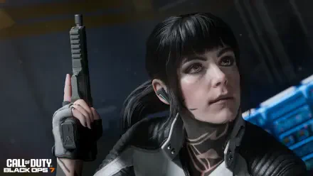 Sci‑fi woman from the video game Call of Duty: Black Ops 7, holding a pistol in a futuristic combat suit — detailed 4K Ultra HD PC desktop wallpaper.