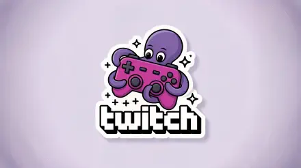 4K Ultra HD Twitch PC wallpaper: purple octopus mascot clutching a pink gamepad above the bold Twitch logo on a soft lavender gradient background.