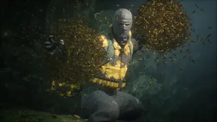 Metal Gear Solid Δ: Snake Eater 4K Ultra HD PC desktop wallpaper/background — masked operative in tactical gear kneels as two swirling insect swarms coil into spherical forms.