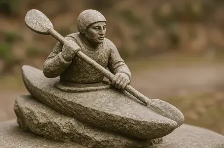 Stone sculpture of a kayaker paddling a carved kayak against a softly blurred natural background — 4K Ultra HD PC desktop wallpaper and background.