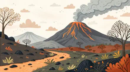 4K Ultra HD PC desktop wallpaper of a stylized volcanic landscape: erupting volcano with lava flows and smoke, winding stream through rocky, autumnal foreground and distant hills.