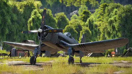 HD PC desktop wallpaper from the video game Aces of Thunder featuring a Vought F4U Corsair on a grassy airstrip with a lush jungle backdrop.