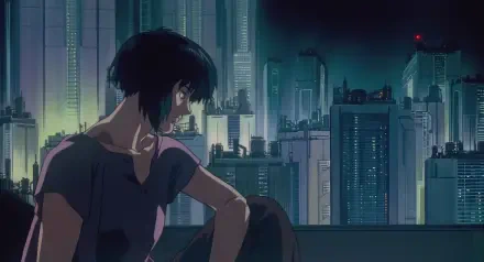 Anime HD PC desktop wallpaper: Major Motoko Kusanagi from Ghost in the Shell 2: Innocence sits on a ledge, gazing over a neon-lit cyberpunk city skyline.