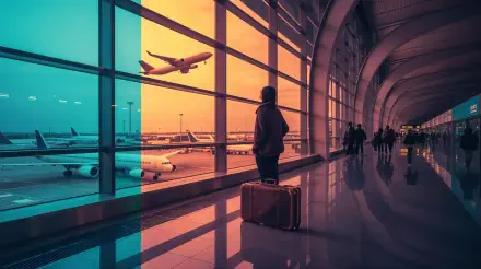 4K Ultra HD PC desktop wallpaper and background: silhouetted traveler with suitcase watches planes through large terminal windows at sunset, glossy concourse reflections.