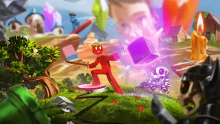 HD PC desktop wallpaper and background for the video game Supraworld: colorful adventure scene with a red character, glowing purple cube, crystals and whimsical creatures.