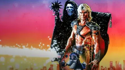 HD PC desktop wallpaper/background: Masters of the Universe movie — muscular hero in armor faces a hooded skeletal villain wielding a spiked mace against a neon sunset city skyline.