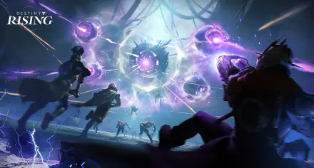 Destiny: Rising video game HD PC Desktop Wallpaper and Background — armored guardians confront a pulsing purple energy core amid lightning, hovering drones and a ruined futuristic battlefield.