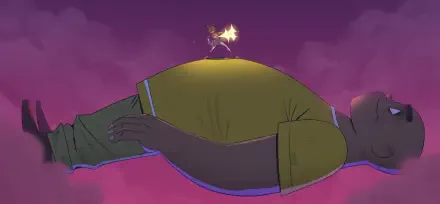 Gorillaz music HD PC wallpaper: a tiny character stands atop a giant reclining figure against a purple sky, a glowing spark and dramatic lighting.