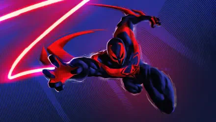 Comic-style 4K Ultra HD PC desktop wallpaper of Spider-Man 2099 lunging toward the viewer amid neon red and blue streaks, dynamic pose and futuristic cityscape hints.