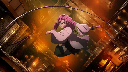 Anime depiction of Mitsuri Kanroji (Demon Slayer: Kimetsu no Yaiba — The Movie: Infinity Castle) mid-air over a glowing industrial city, 4K Ultra HD PC desktop wallpaper/background.
