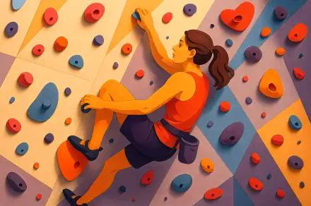Vibrant 4K Ultra HD PC desktop wallpaper and background showing an indoor climber scaling a colorful bouldering wall, dynamic angle with bold holds and warm saturated hues.