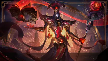 8K Ultra HD video game wallpaper: League of Legends' Karthus in red armor, wielding a glowing staff as spectral ribbons and embers swirl around him.