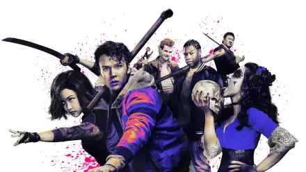 Deadly Class TV show HD PC desktop wallpaper — stylized group of young assassins posed with weapons and splattered paint background.