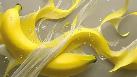 4K Ultra HD PC desktop wallpaper: close-up glossy yellow bananas with flowing translucent ribbons and water droplets on a soft gray background.