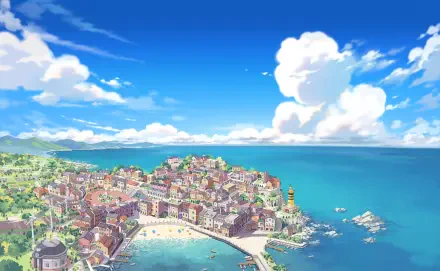 HD PC desktop wallpaper of a Pokemon Friends seaside town: colorful coastal village, turquoise ocean and a bright sky dotted with fluffy clouds.