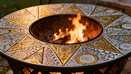 4K Ultra HD PC desktop wallpaper background — close-up of an ornate patterned metal fire pit with warm, dancing flames.