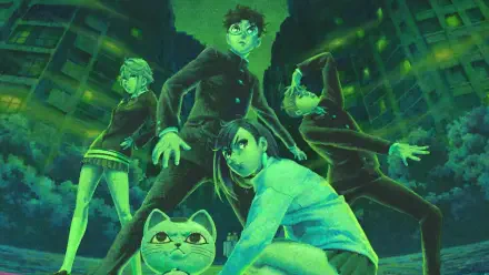 Dandadan 4K Ultra HD PC desktop wallpaper and background: four protagonists and a grumpy cat in a dramatic green-lit cityscape, crouched and poised for action under a stormy sky.