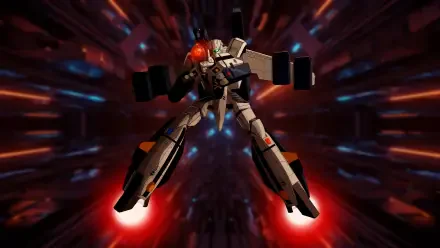 Robotech Battloid in 4K Ultra HD PC desktop wallpaper: armored mecha thrusting forward against a red-and-blue warp backdrop, glowing thrusters and illuminated cockpit.
