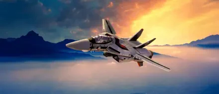 4K Ultra HD PC desktop wallpaper: DYRL Robotech/Macross Veritech Fighter soaring above clouds at sunrise.