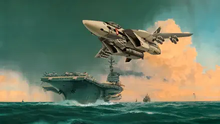 Veritech fighter from Robotech/Macross soars over an aircraft carrier at sunset — 4K Ultra HD PC desktop wallpaper/background.