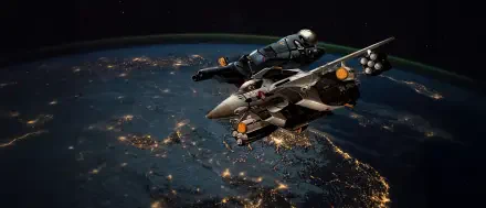 Robotech/Macross Veritech fighter soars above glowing night Earth, high-detail 4K Ultra HD PC desktop wallpaper background.