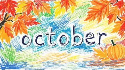 Crayon-style October lettering with orange maple leaves and a pumpkin on a vibrant scribbled sky — 4K Ultra HD PC desktop wallpaper and background.