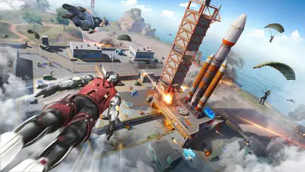 HD PC desktop wallpaper for the video game Blood Strike: armored jumper dives toward a rocket launch pad amid explosions, parachutes, and high-octane coastal battlefield action.
