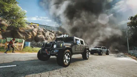 HD PC desktop wallpaper/background of video game Blood Strike showing armored SUVs speeding past a smoky explosion on a cracked road amid urban combat