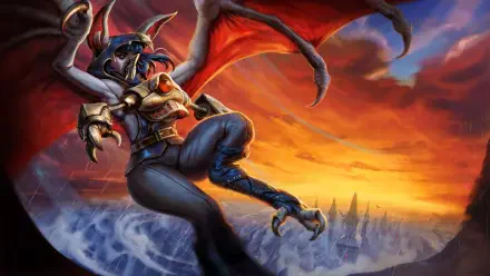 Against the Storm 4K Ultra HD PC desktop wallpaper: a horned, armored winged warrior dives above stormy seas toward a fiery sunset and jagged distant skyline.