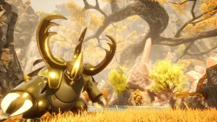 HD PC desktop wallpaper and background from the video game Palworld: a massive golden horned beetle-like creature in armor amid an autumnal rocky forest with bright yellow foliage.