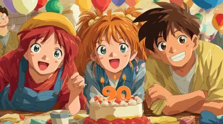 Anime birthday scene: three smiling anime friends leaning over a cake with 90 candle, colorful balloons — 4K Ultra HD PC Desktop Wallpaper and Background