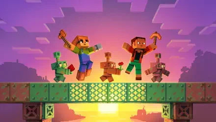 HD PC desktop wallpaper and background: Minecraft video game gaming art of blocky heroes and mobs leaping across a glowing bridge at sunset, pickaxes raised against a purple-orange sky.