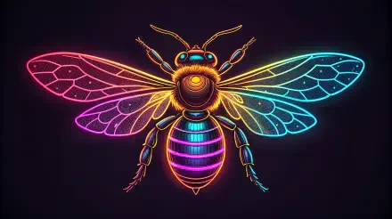 Vibrant neon multicolored stylized bumblebee on a dark backdrop, glowing wings and striped body in radiant lines — 4K Ultra HD PC desktop wallpaper and background.