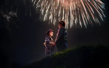 4K Ultra HD PC wallpaper of Akaza and Koyuki from Demon Slayer: Kimetsu no Yaiba, standing on a grassy hill at night, holding hands beneath a sky of bursting fireworks