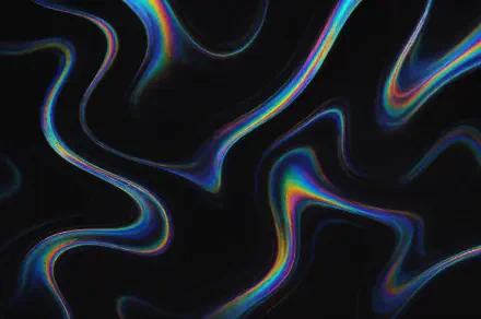 Abstract black 4K Ultra HD PC desktop wallpaper: glossy, wavy ribbon-like lines with subtle rainbow chromatic-glitch highlights flowing across a deep black background.