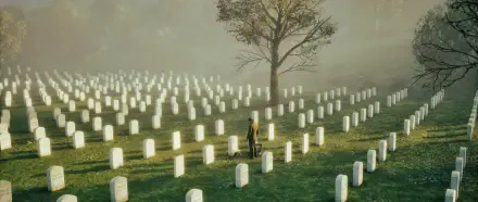 2K Quad HD desktop wallpaper of Metal Gear Solid 3: Snake Eater — Snake stands among rows of white headstones beneath a misty tree in a solemn graveyard.