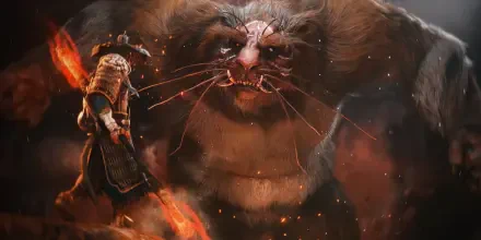 2K Quad HD PC wallpaper: video game Black Myth: Wukong boss fight — hero confronts a towering, snarling beast in an intense stare-down.