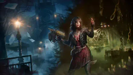 Tormented Souls 2 video game gaming art — dark gaming 4K Ultra HD PC wallpaper of a bloodied heroine clutching a lantern and mechanical weapon in a foggy, haunted Victorian hall