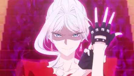 HD PC desktop wallpaper: Scarlett El Vandimion from May I Ask for One Final Thing? — white‑haired anime woman smirking against a glowing magenta background, raised gloved hand with pink light.