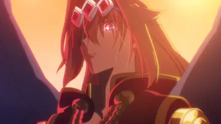 HD anime PC desktop wallpaper of Lufas Maphaahl from A Wild Last Boss Appeared!, dramatic close-up with red hair, crown-like headpiece, glowing eye and warm backlight.